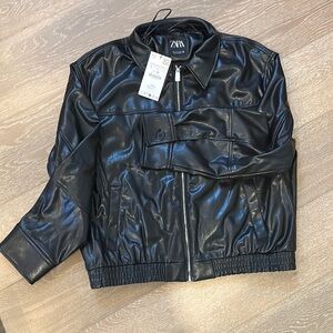 Zara Black Faux Leather Bomber Jacket with Ribbed Accents